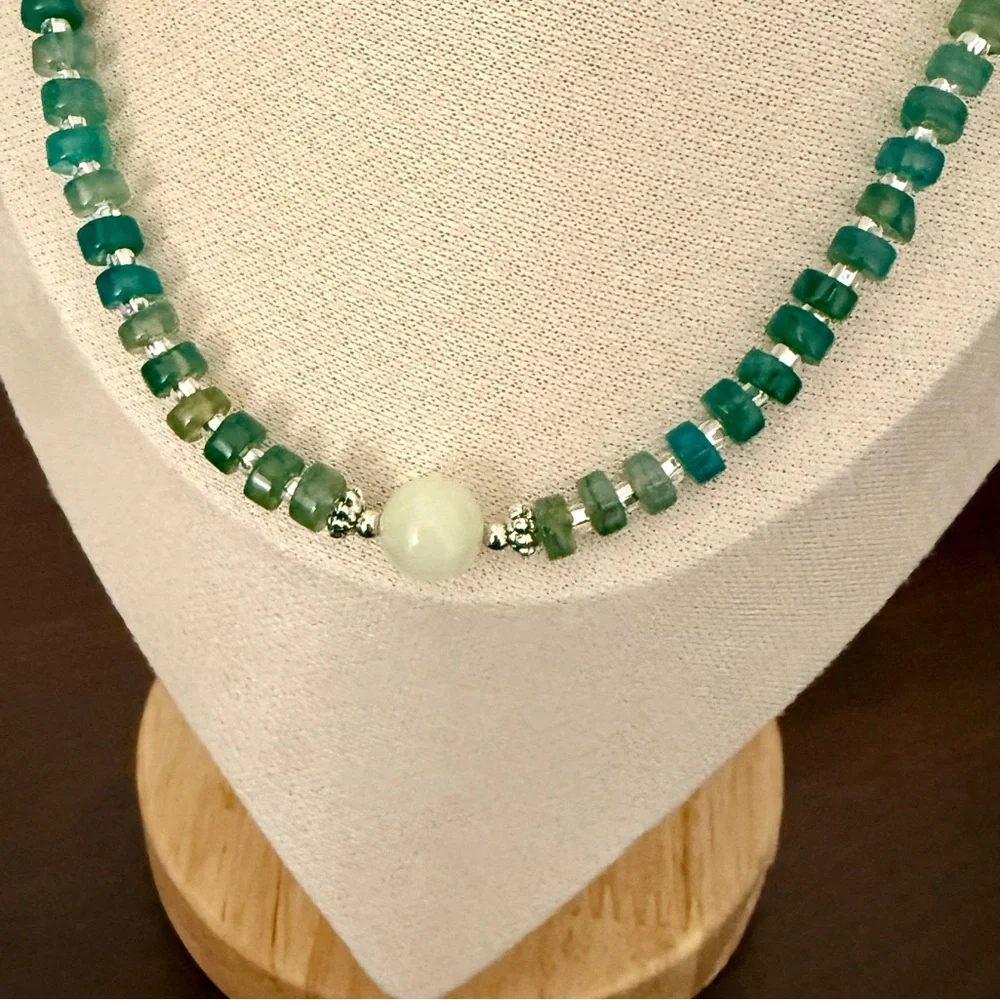 Heishi Agate Beads on Sterling Silver Necklace - Picture 2 of 10